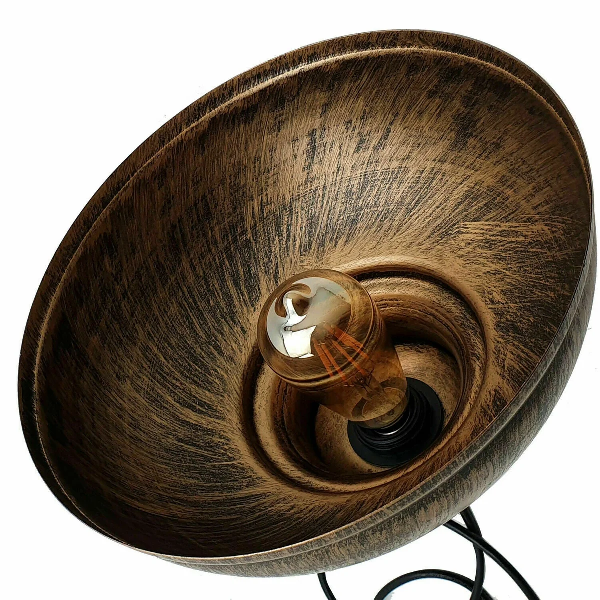 Brushed copper curvy dome easy fit pendant lampshade shown installed with E27 fitting, highlighting smooth metal finish and open bottom design
