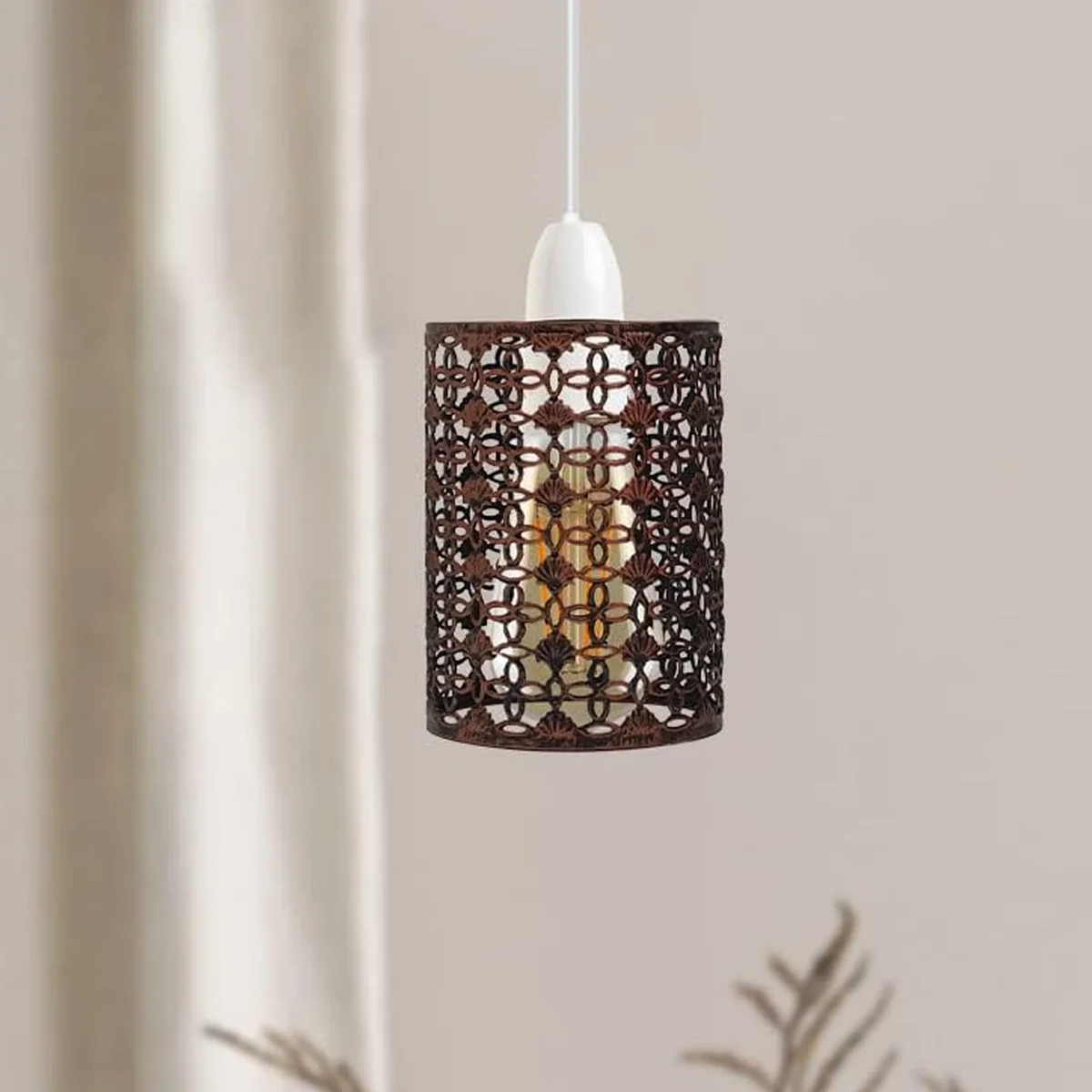 Industrial metal ceiling lampshade in drum shape with open wire cage design, brushed brass finish, 14cm height, 9.5cm width