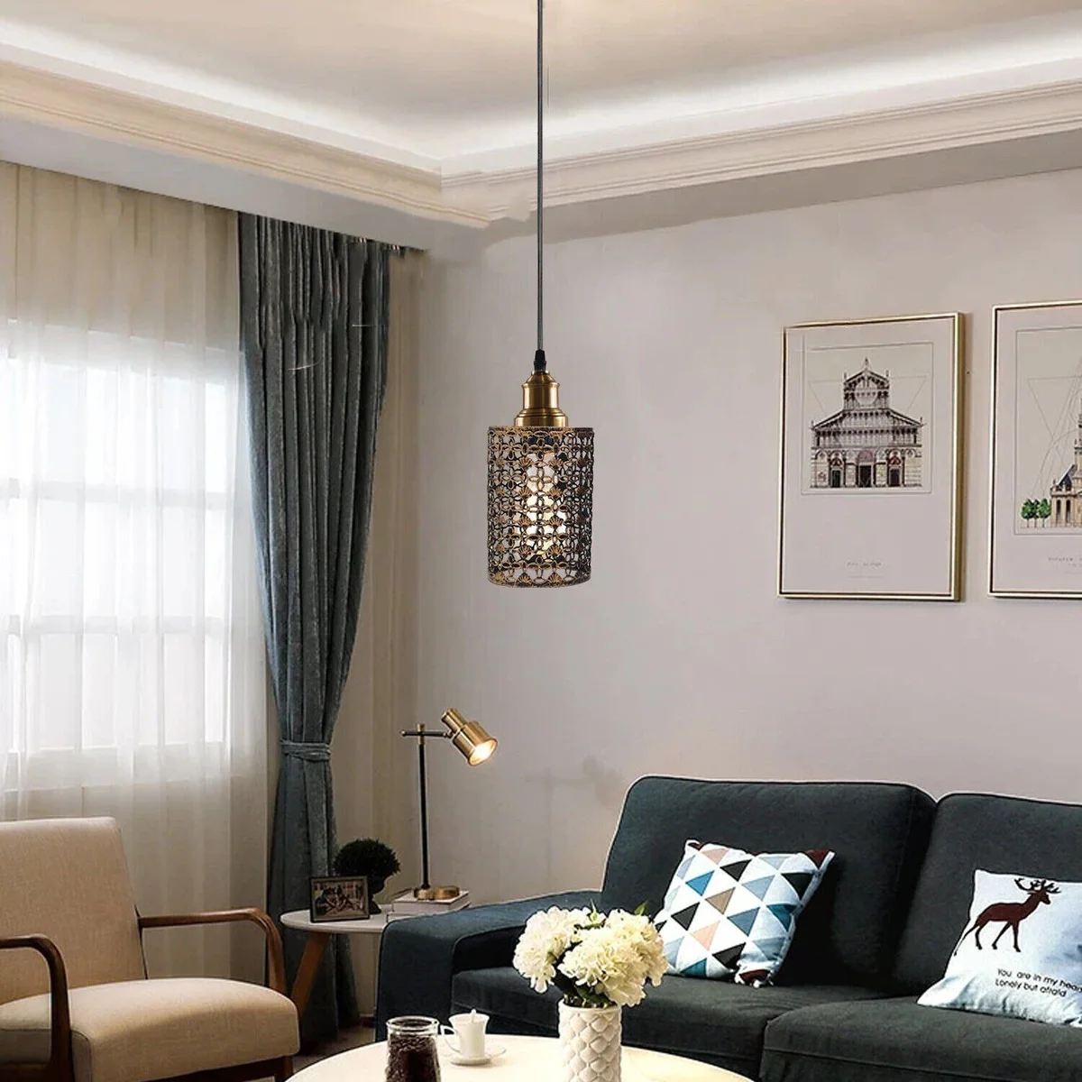 Brushed copper modern retro drum metal ceiling pendant E27 lamp holder shade with open wire cage design