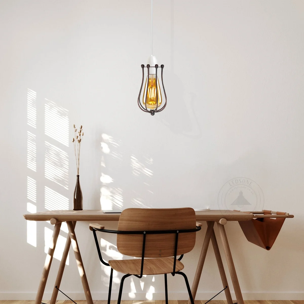 Vintage balloon-shaped metal easy fit cage pendant light shade with rustic industrial design hanging indoors