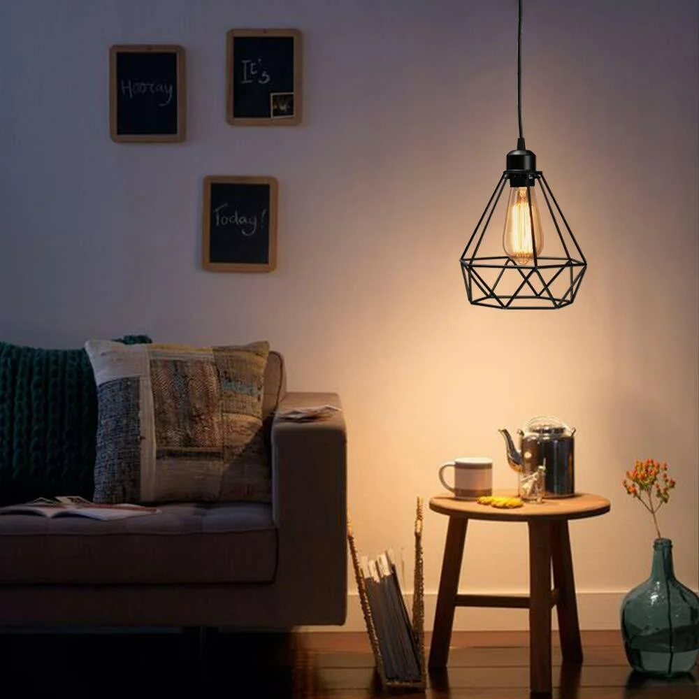 Black diamond-shaped metal wire lamp shade cage for pendant light with easy fit design and painted finish