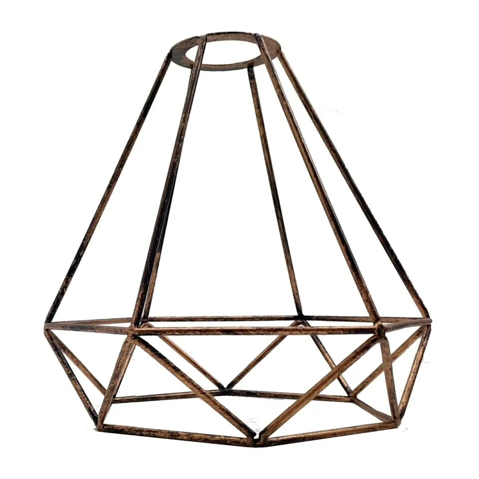 Diamond Easy Fit metal bulb guard wire cage lamp shade in black, shown hanging with exposed light bulb inside