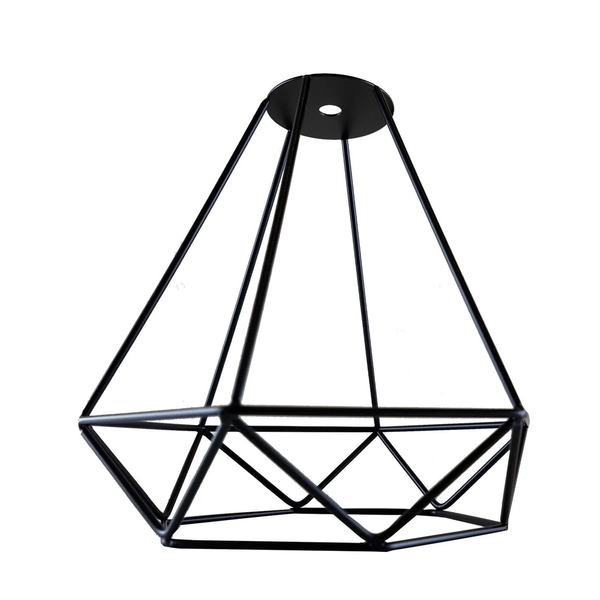 Contemporary pendant light shade with diamond metal wire cage design in black finish, shown hanging with bulb inside