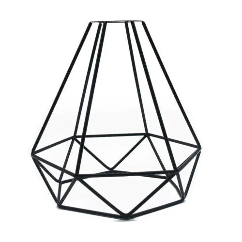 Diamond easy fit lamp shade metal cage in black wire design, shown hanging with exposed bulb inside
