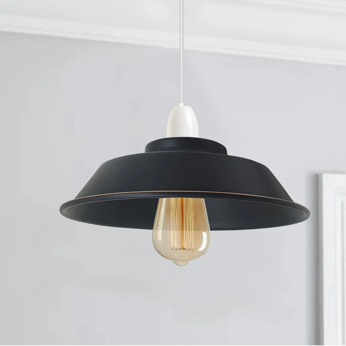 Vintage pendant light with metal cage design and white interior, 22cm diameter, ideal for dining rooms and cafes