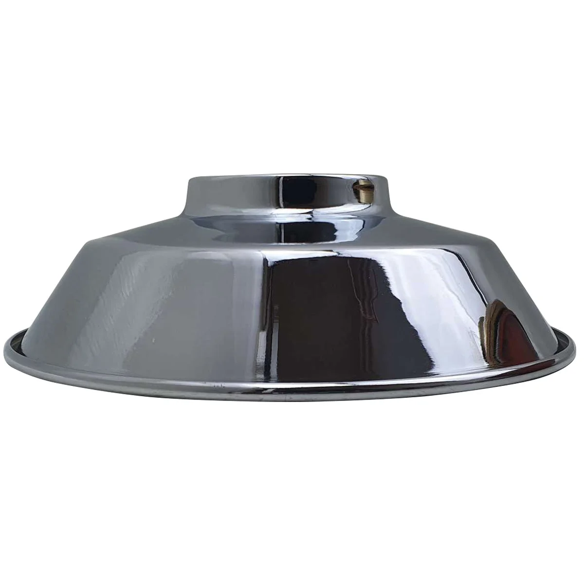 Vintage style metal cage ceiling light with a 22cm diameter metal shade and white interior finish hanging indoors