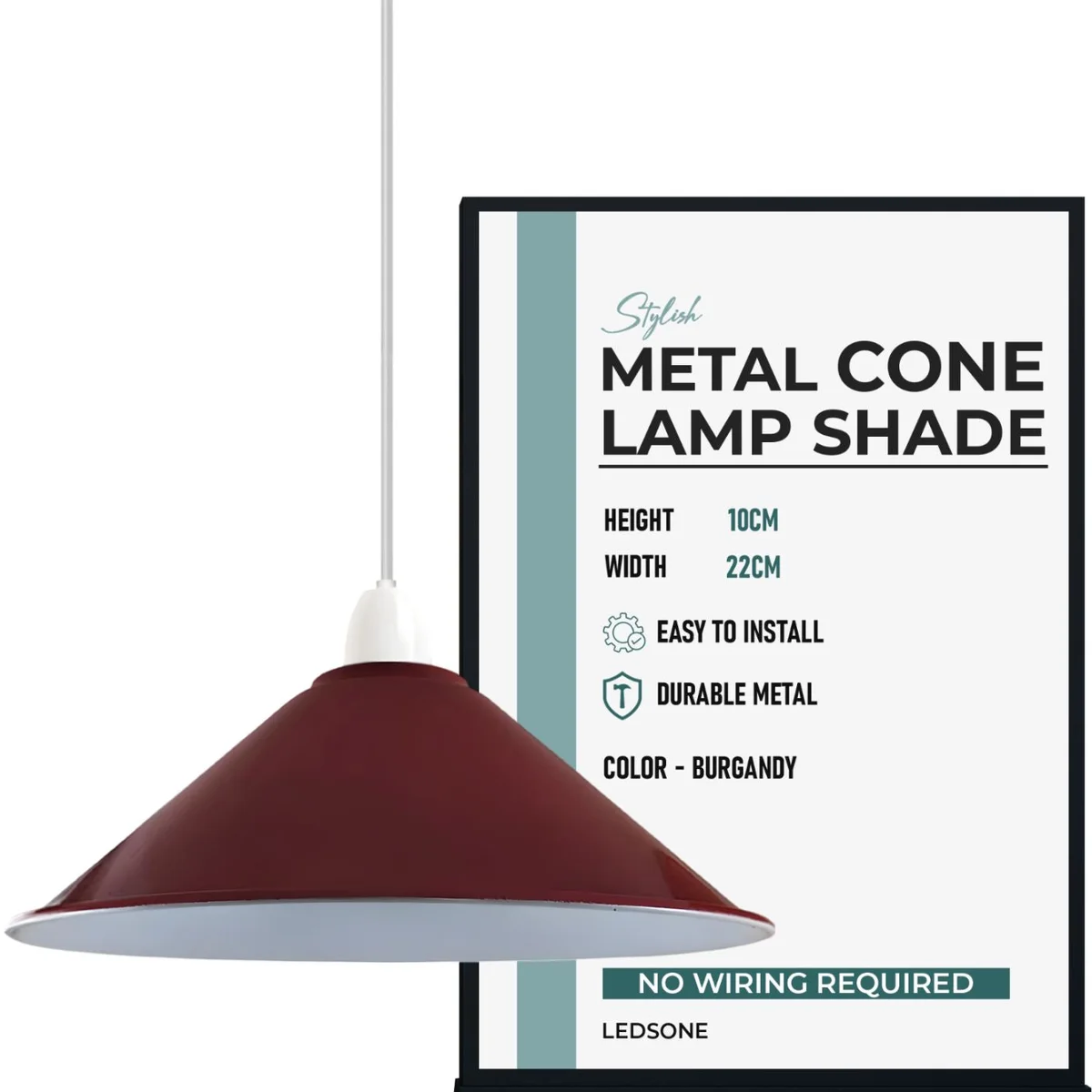 Burgundy vintage industrial cone lamp shade with black interior, metal construction, designed for E27 bulb fitting
