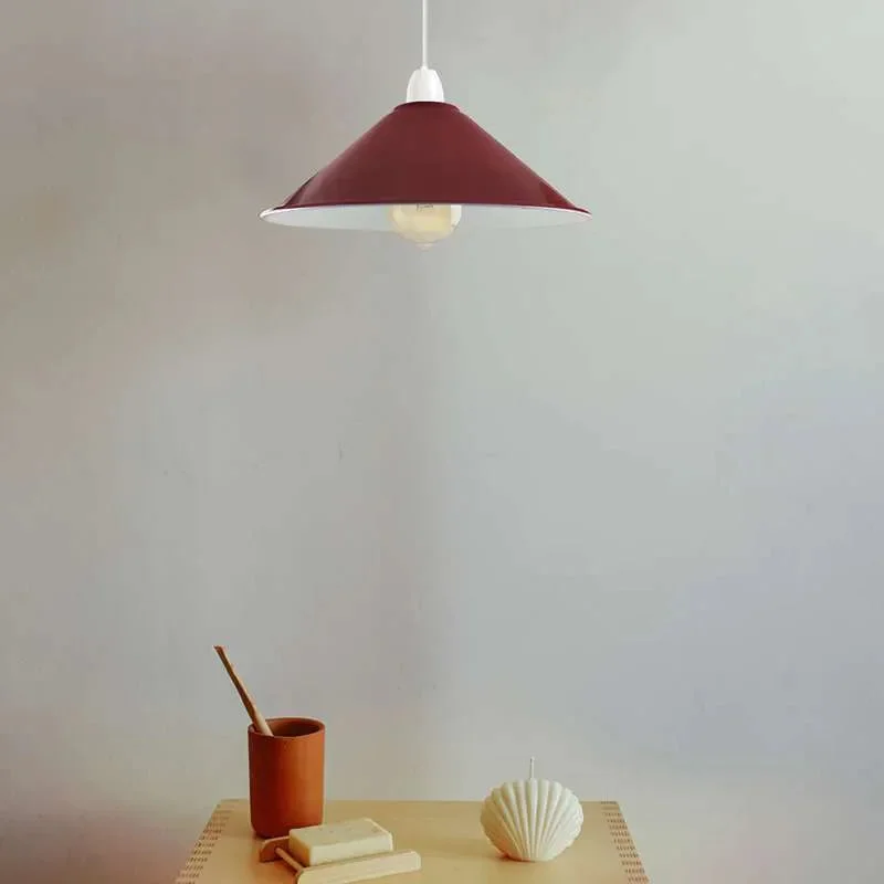 Vintage metal lamp shade in burgundy cone shape with black interior, designed for E27 bulb fitting, industrial style