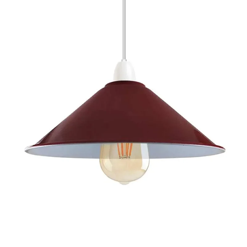 Burgundy vintage industrial cone E27 lamp shade with black interior and metal construction shown from side angle