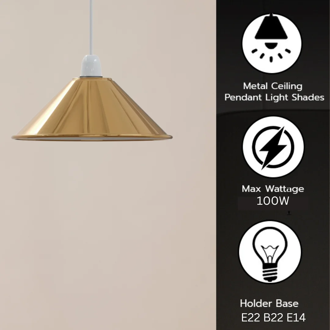 Glossy black cone-shaped metal pendant ceiling light shade with E27 base and industrial vintage design against white background