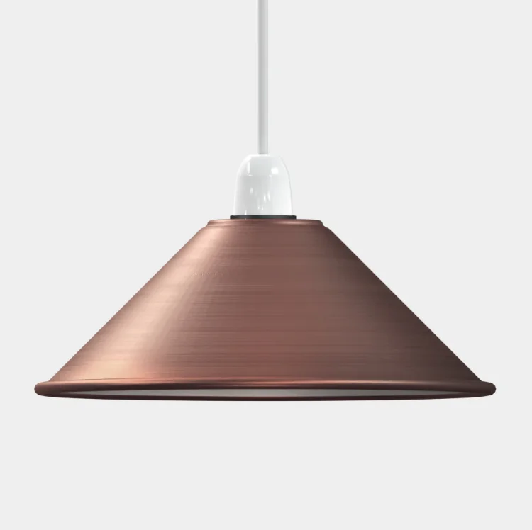 Vintage metal lampshade with glossy cone shape, designed for E27 bulbs, shown hanging indoors with classic industrial style