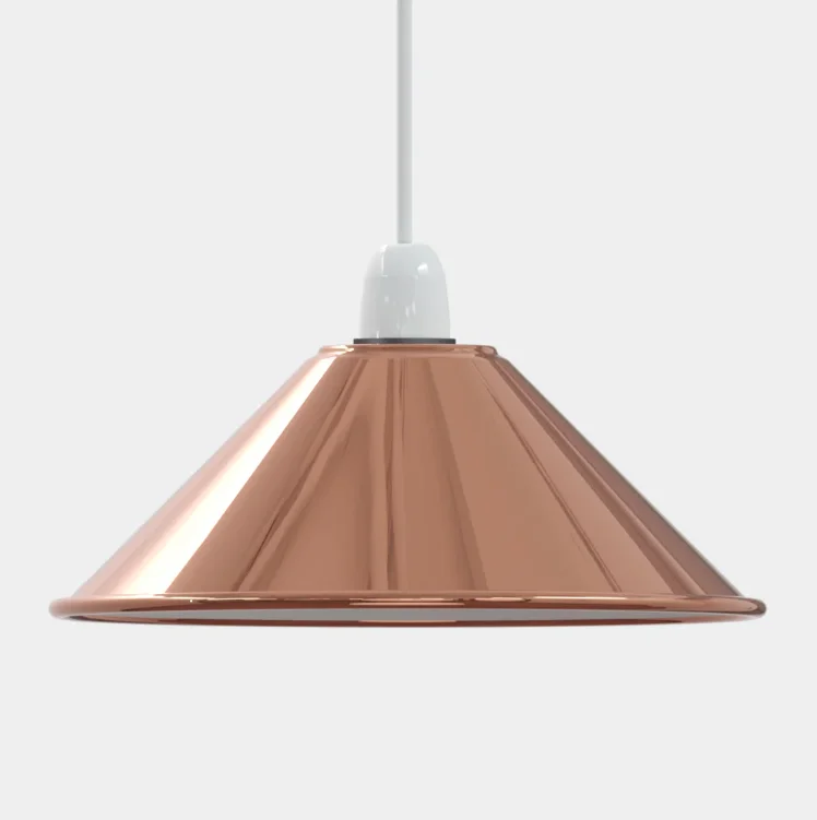 Glossy metal cone-shaped pendant shade for metal pendant ceiling light, with E27 base and reducer plate included
