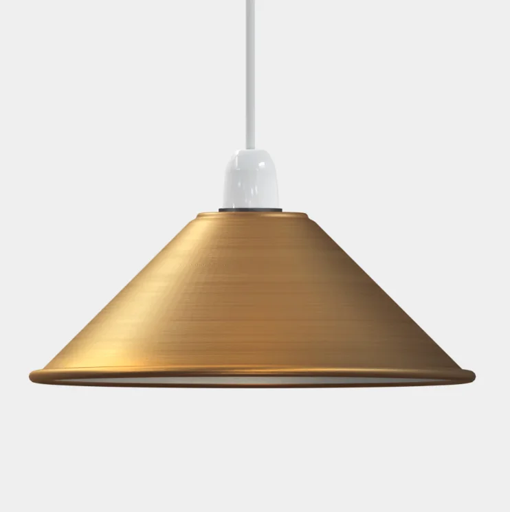 Glossy metal pendant ceiling light with cone-shaped shade and E27 base, shown installed indoors on white ceiling