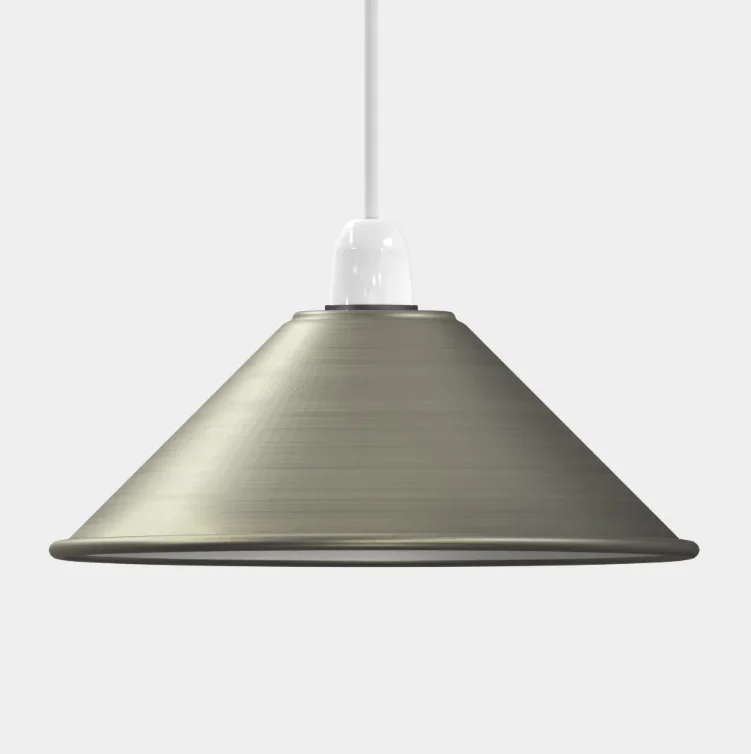 Glossy metal cone-shaped pendant shade for metal pendant ceiling light with E27 base and reducer plate indoors