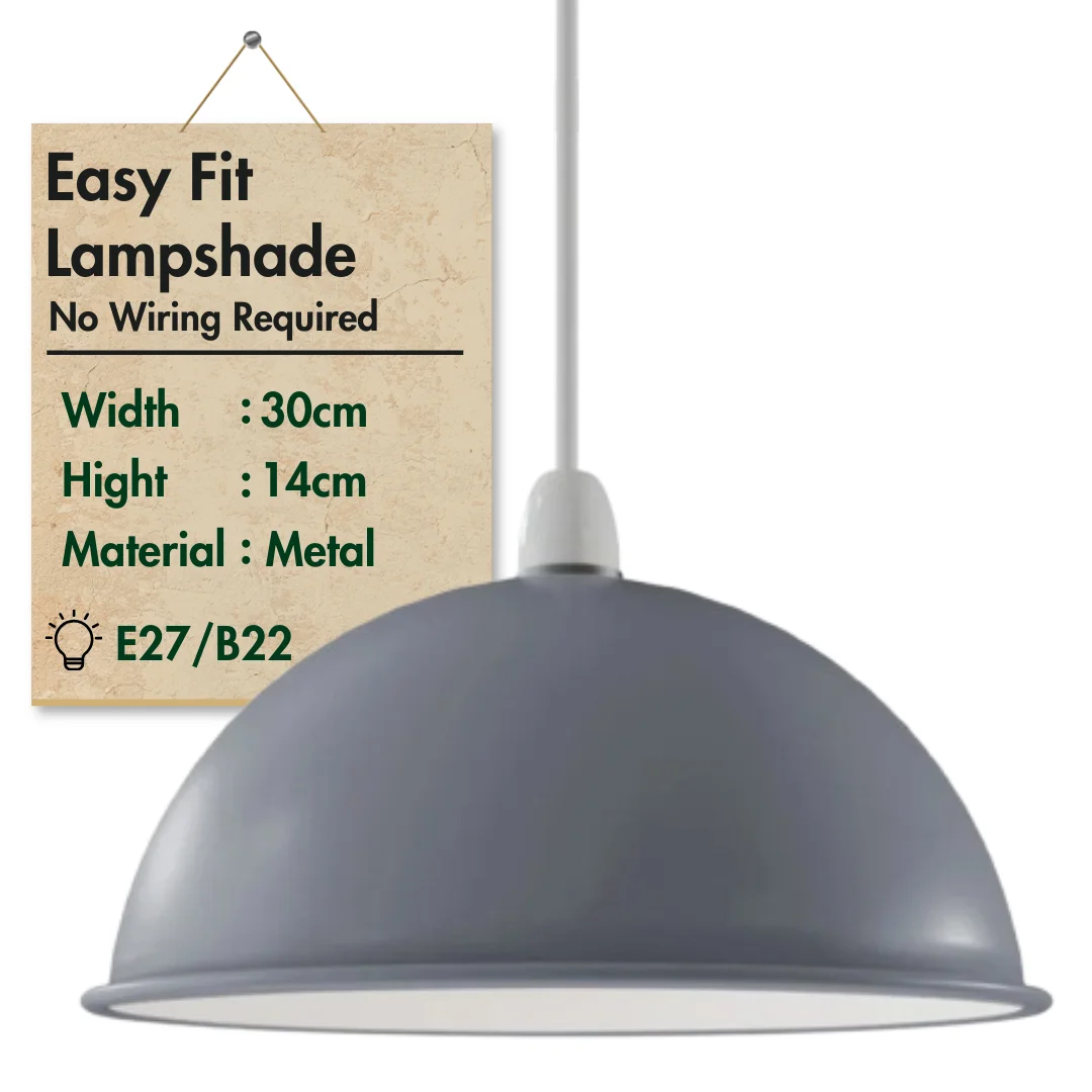 Grey 30cm vintage industrial metal dome pendant shade with smooth curved surface and powder-coated finish