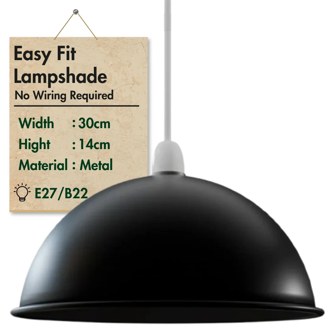 Grey 30cm vintage industrial metal dome easy fit pendant lamp with curved interior for soft downward light distribution