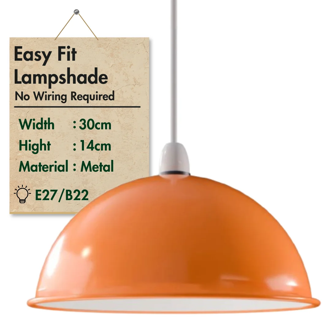 Grey 30cm dome light shade with industrial metal design shown hanging indoors against a white background