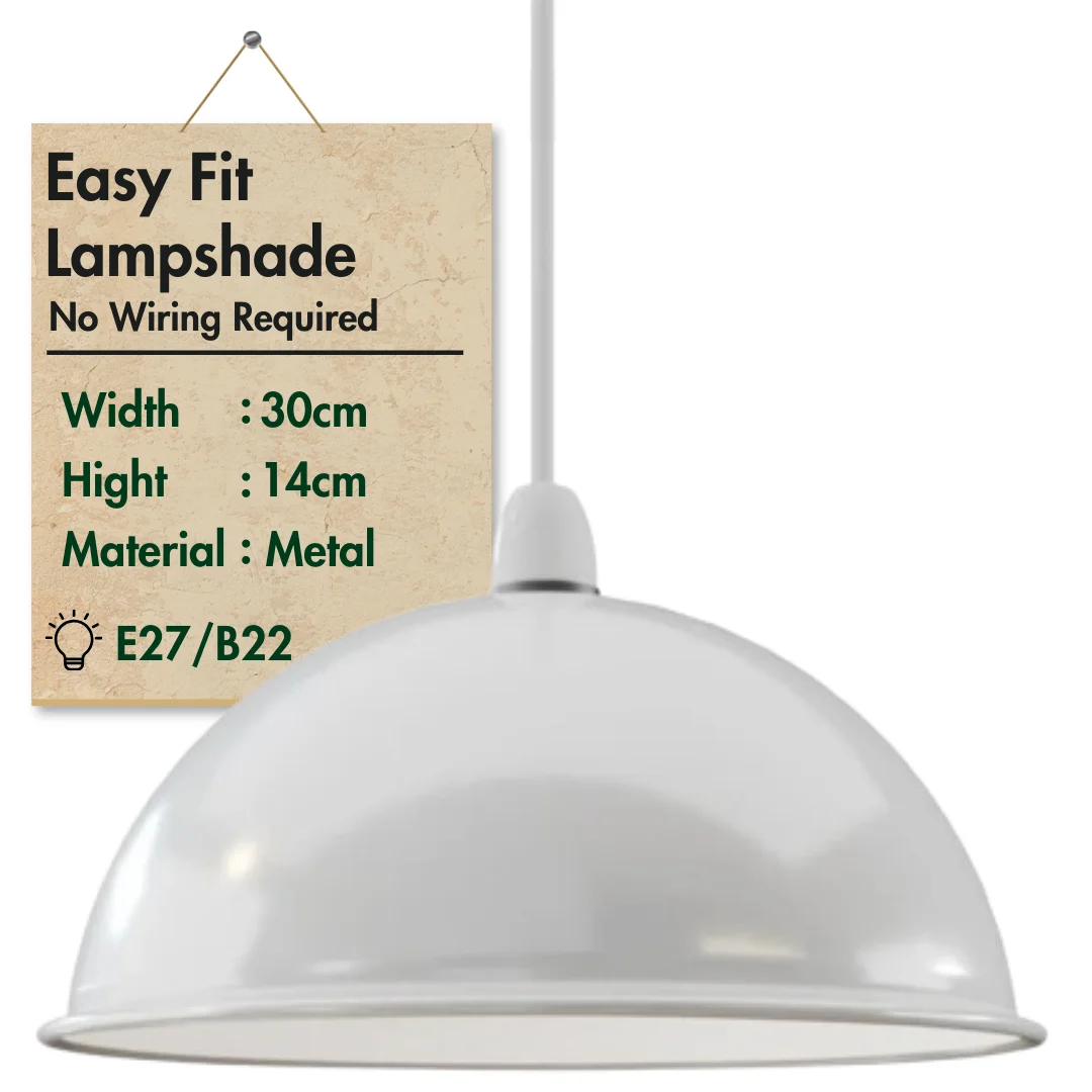 Grey 30cm vintage industrial pendant light with metal dome shade, shown hanging indoors with soft lighting