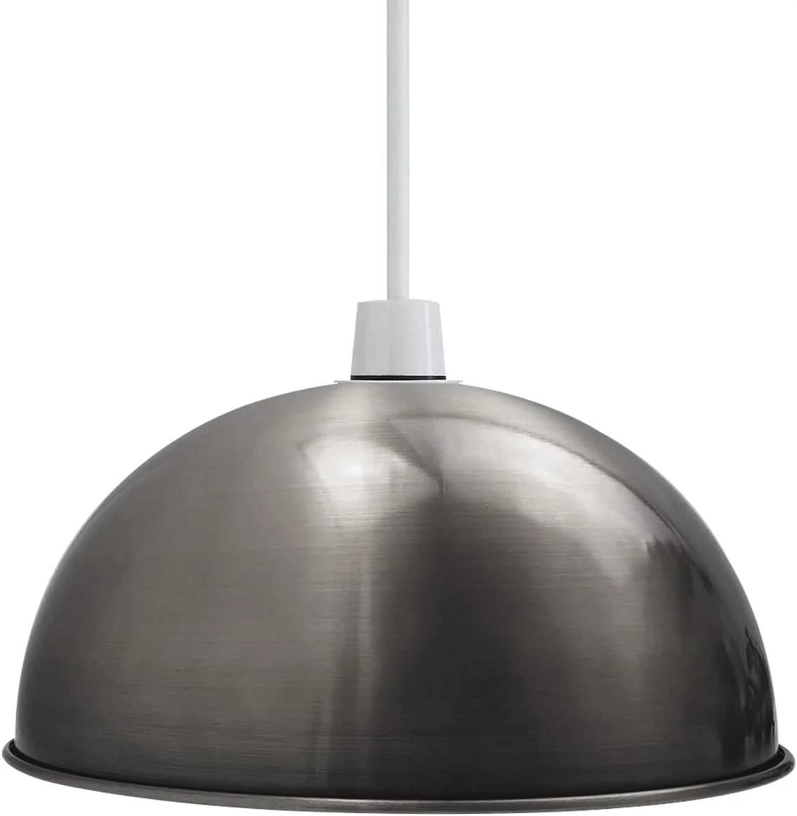 Grey 30cm vintage industrial pendant light with metal dome shade, shown hanging indoors with soft downward light