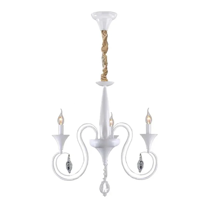 Vintage white 3 light chandelier with shabby chic distressed finish and sparkling crystal droplets hanging from metal arms