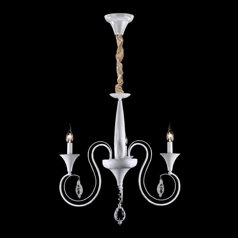 Vintage white ceiling chandelier with three crystal candelabra lights and shabby chic distressed finish hanging from cord