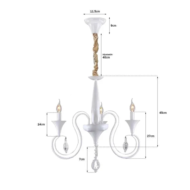 Traditional metal chandelier with three white distressed arms and sparkling crystal droplets hanging from each arm