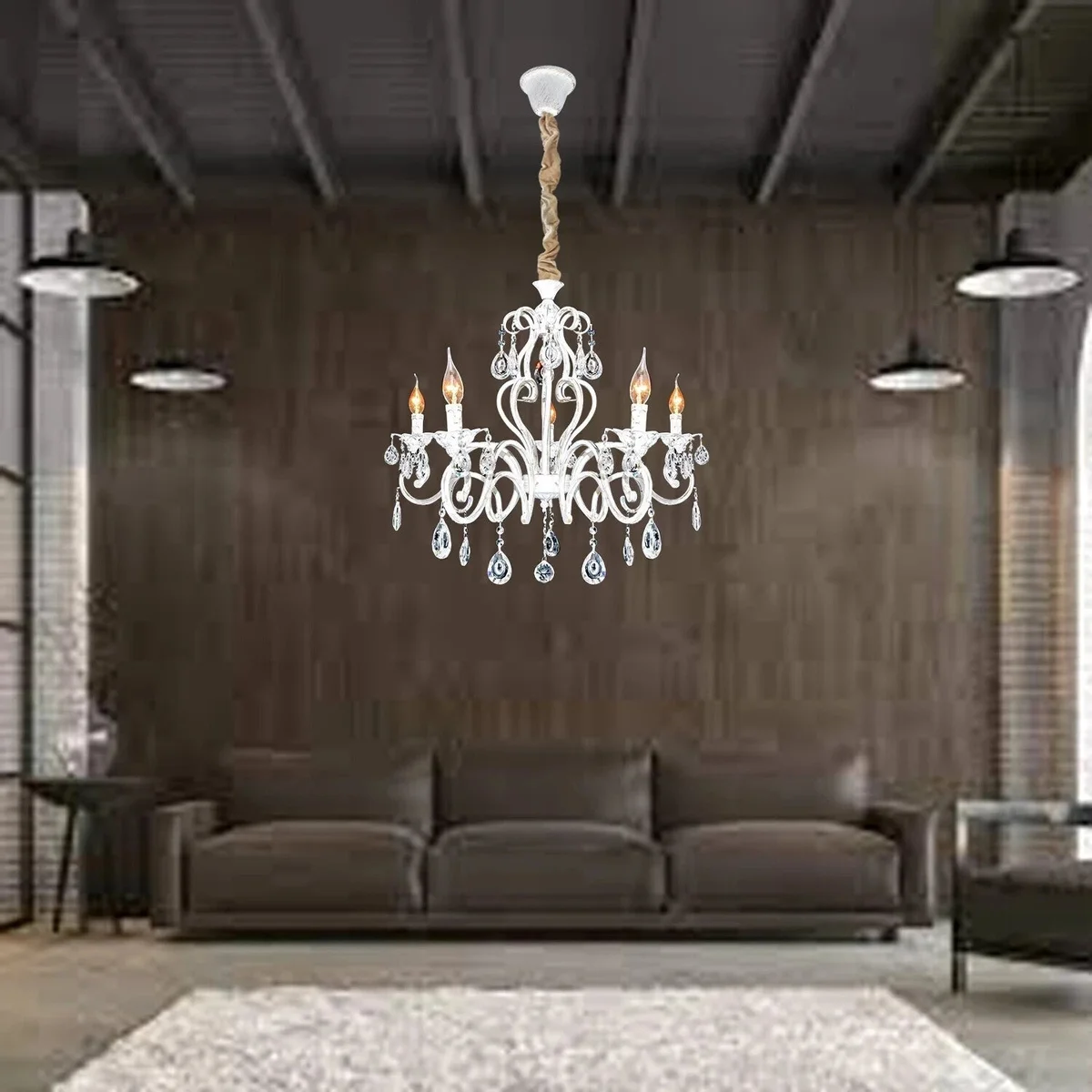Traditional white crystal chandelier with five candle-style lights and metal frame, suitable for ceiling mounting