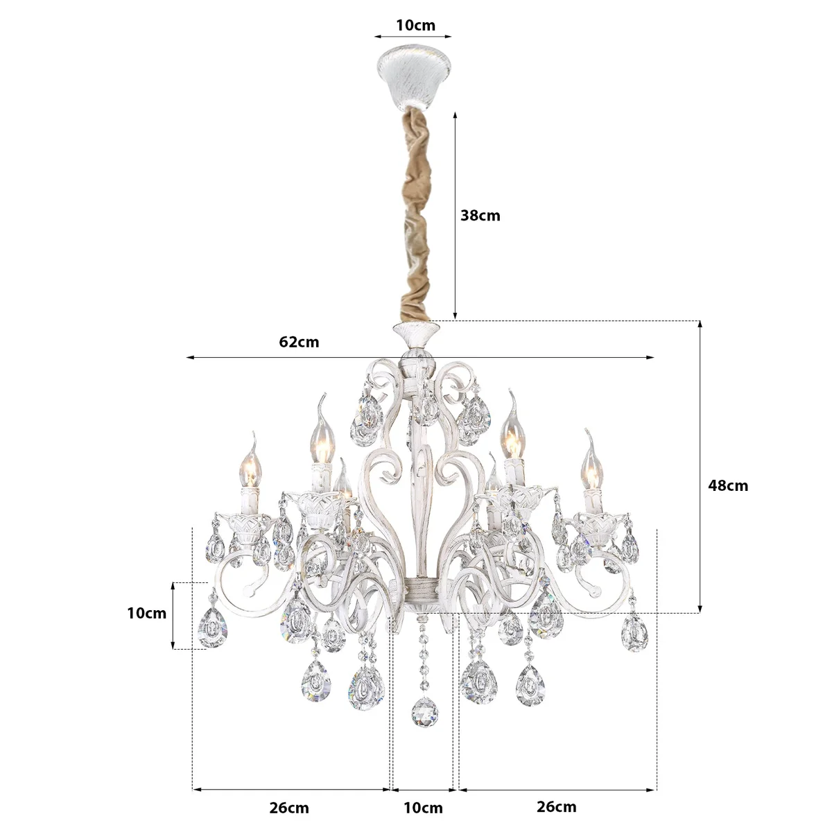 Traditional ceiling lamp with five white metal arms and crystal candle lights, adjustable height, elegant design