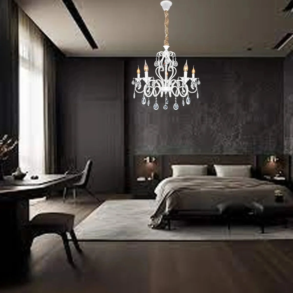 White vintage E14 bulb chandelier with five candle-style lights and crystal accents, traditional Dutch candelabra design