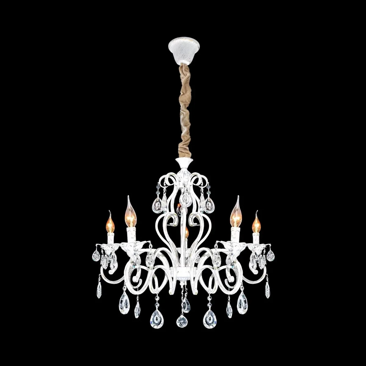 Traditional white adjustable height chandelier with five candle-style lights and crystal accents hanging from ceiling