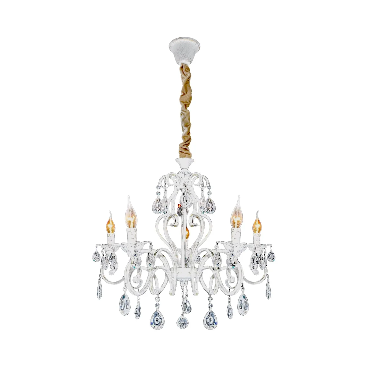 White iron metal chandelier with five candle-style lights and crystal accents, traditional Dutch candelabra design