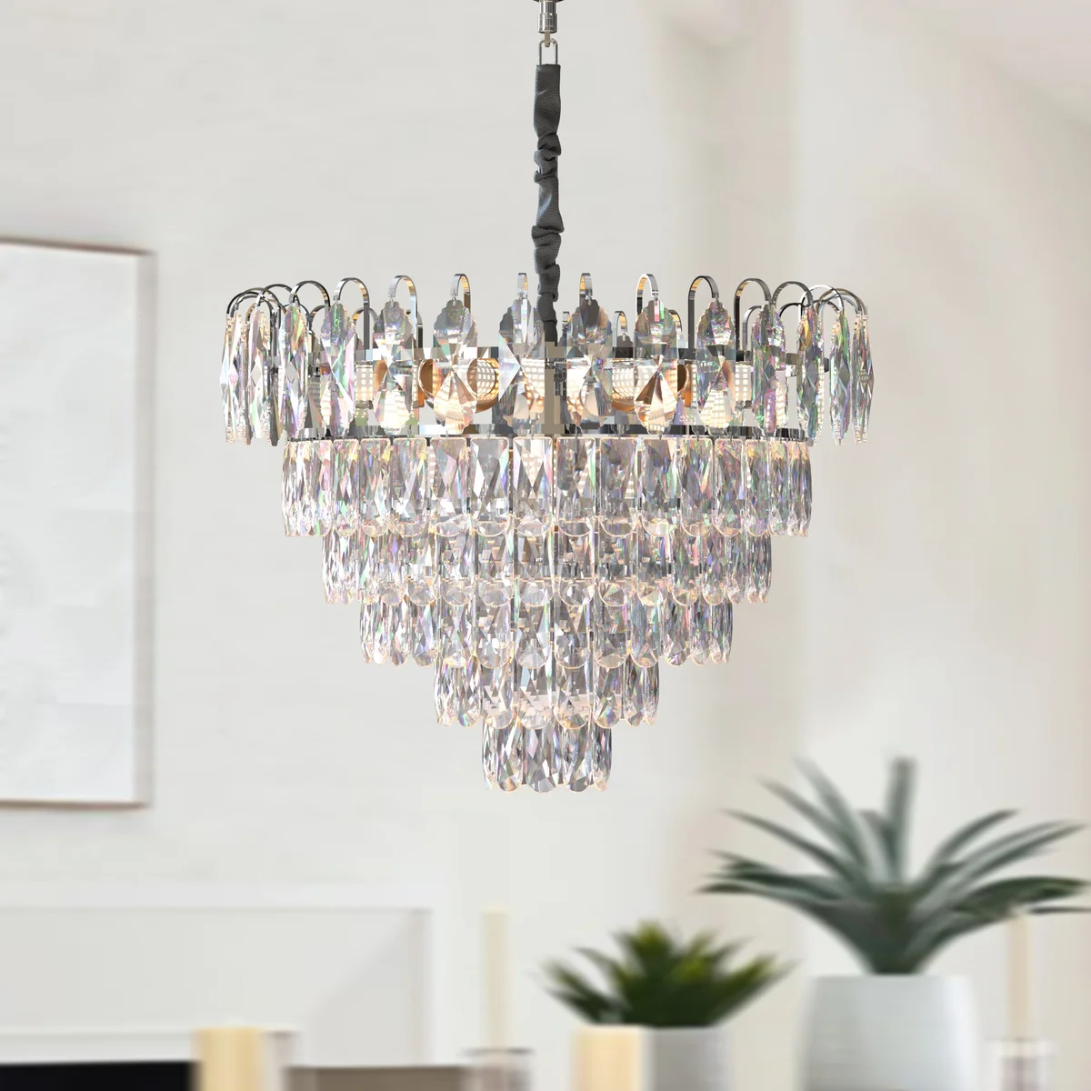 Modern crystal chandelier with chrome frame and hanging crystal droplets, adjustable height, round shape, ceiling mounted light