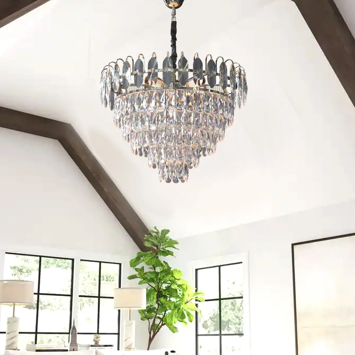 Modern crystal adjustable hanging chandelier with chrome frame and clear crystal droplets, round shape, ceiling mounted design