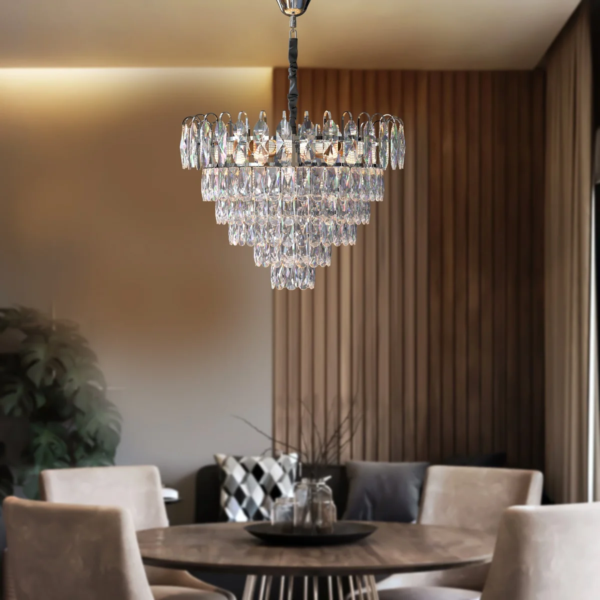 Modern dimmable crystal ceiling light with chrome frame and hanging crystal droplets, adjustable height and E27 bulb compatible