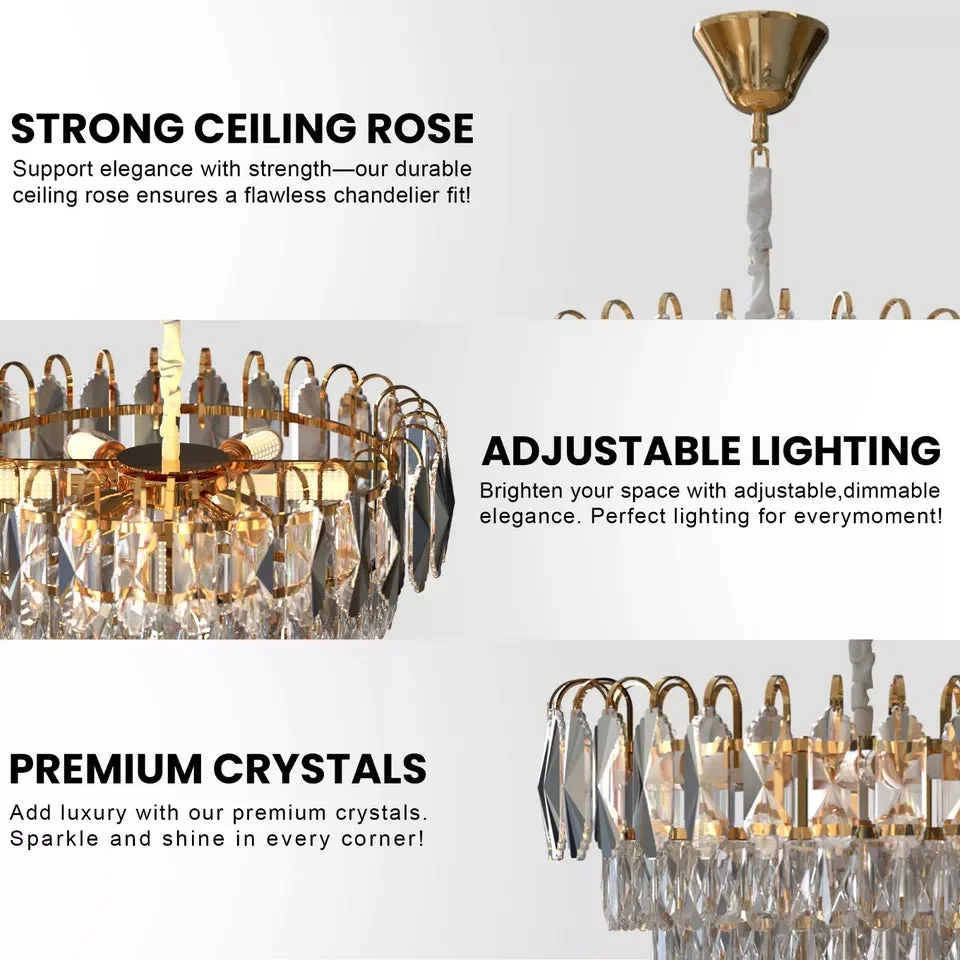 Modern chrome crystal chandelier with hanging droplets and adjustable chain, compatible with E27 bulb chandelier lighting.