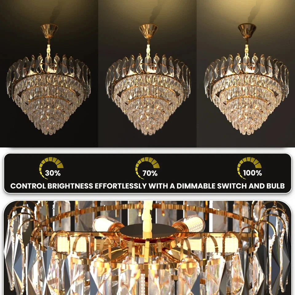 Modern round chrome chandelier with hanging crystal droplets, ideal indoor crystal lighting for dining or living rooms