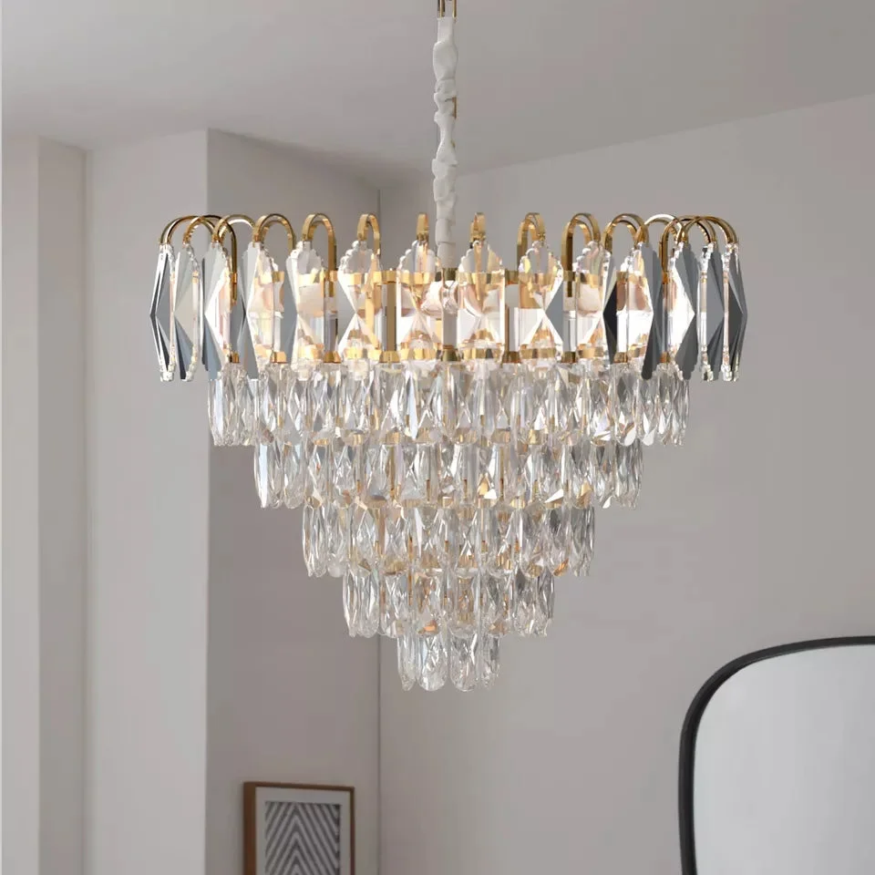 Modern crystal chandelier with chrome frame and hanging crystal droplets, adjustable height, round shape, ceiling mounted lighting fixture
