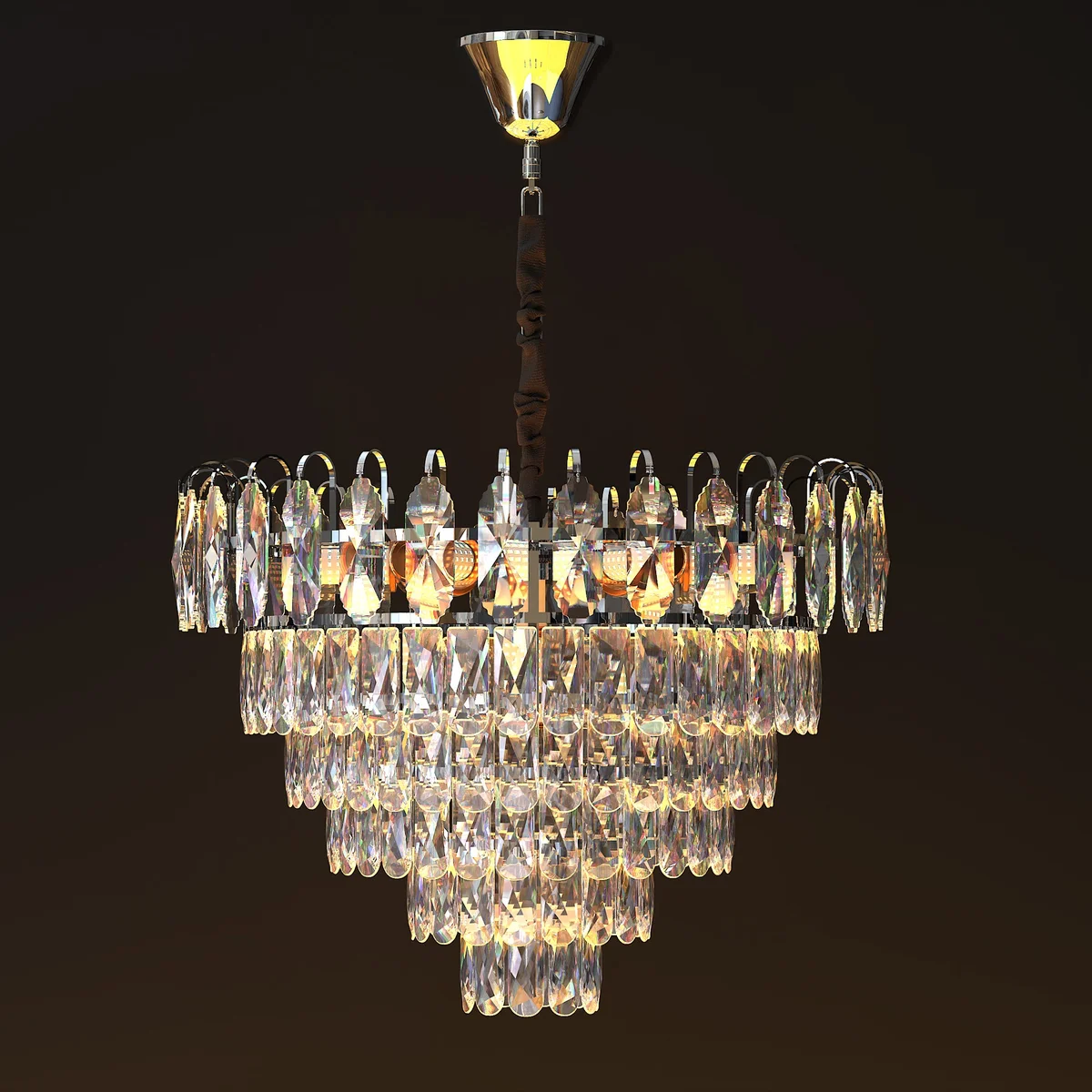 Modern crystal chandelier with chrome frame and hanging crystal droplets, adjustable height and dimmable lighting features