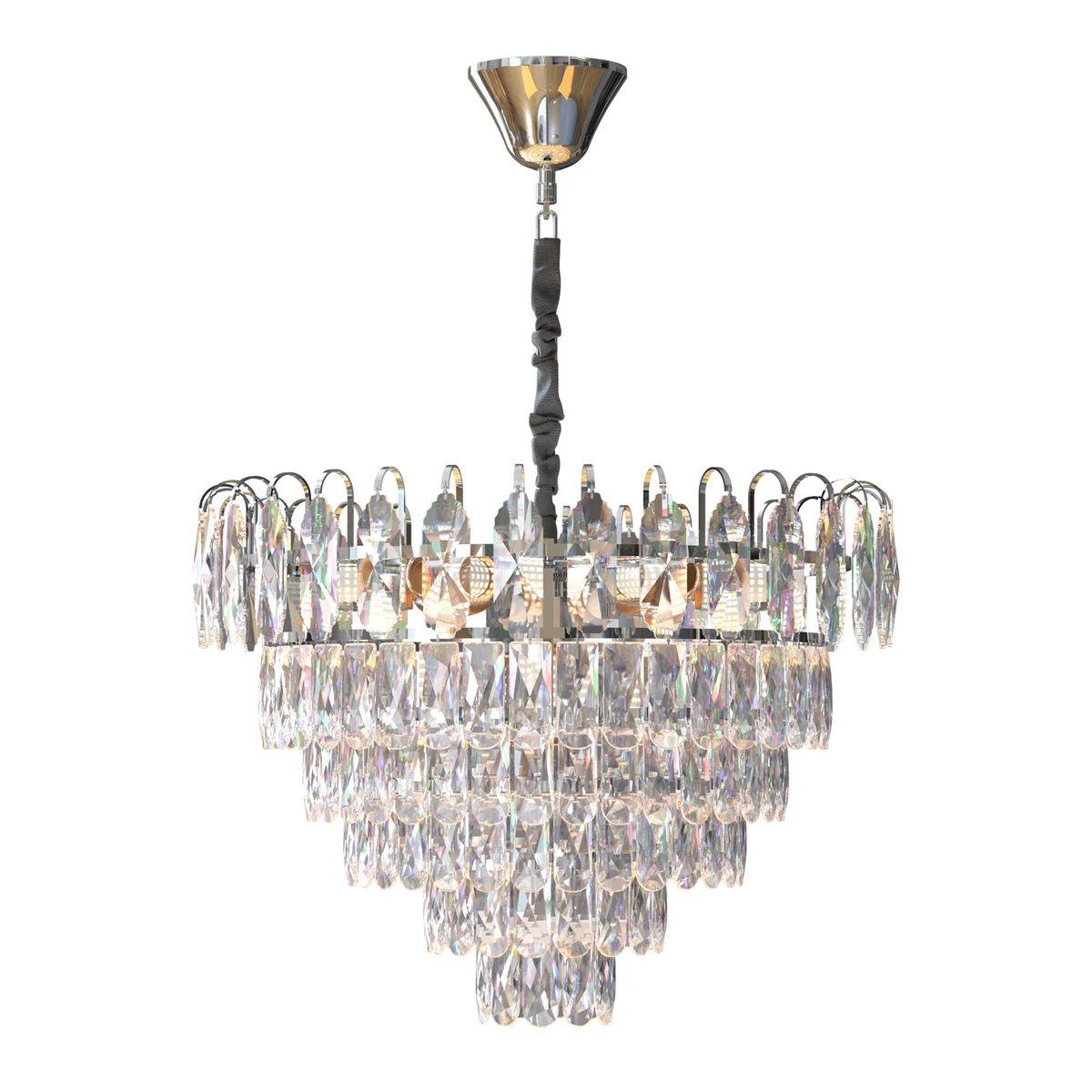 Modern crystal chandelier with chrome frame and hanging crystal droplets, adjustable height and dimmable lighting features