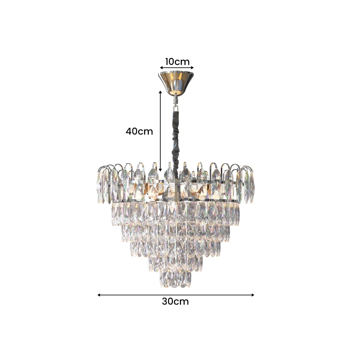 Modern crystal chandelier with chrome frame and hanging crystal droplets, adjustable height, round shape, ceiling mounted.