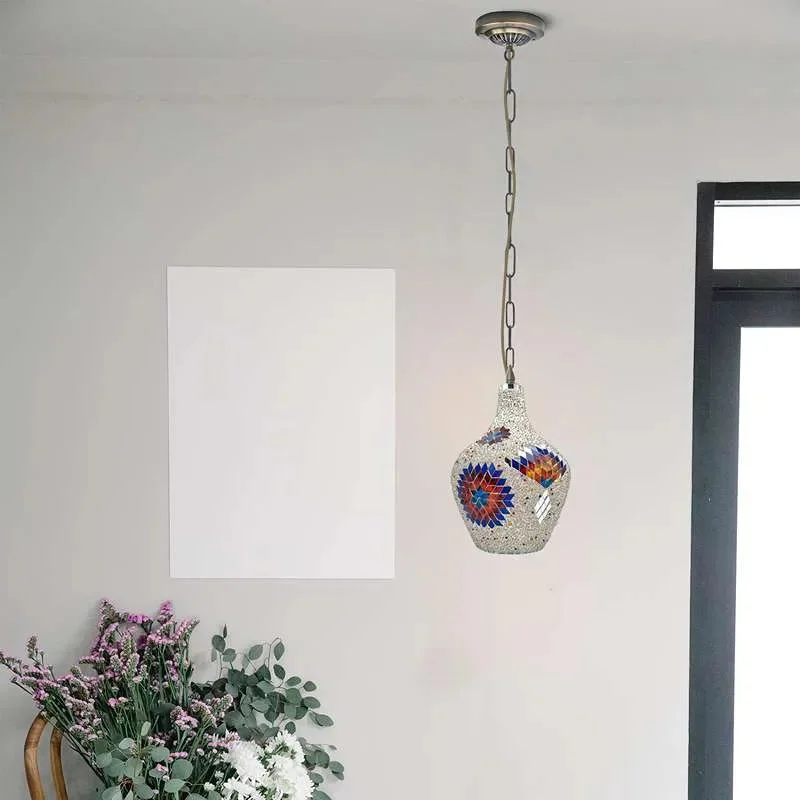 Colorful handmade mosaic Moroccan pendant ceiling light with antique brass chain and bell-shaped glass shade