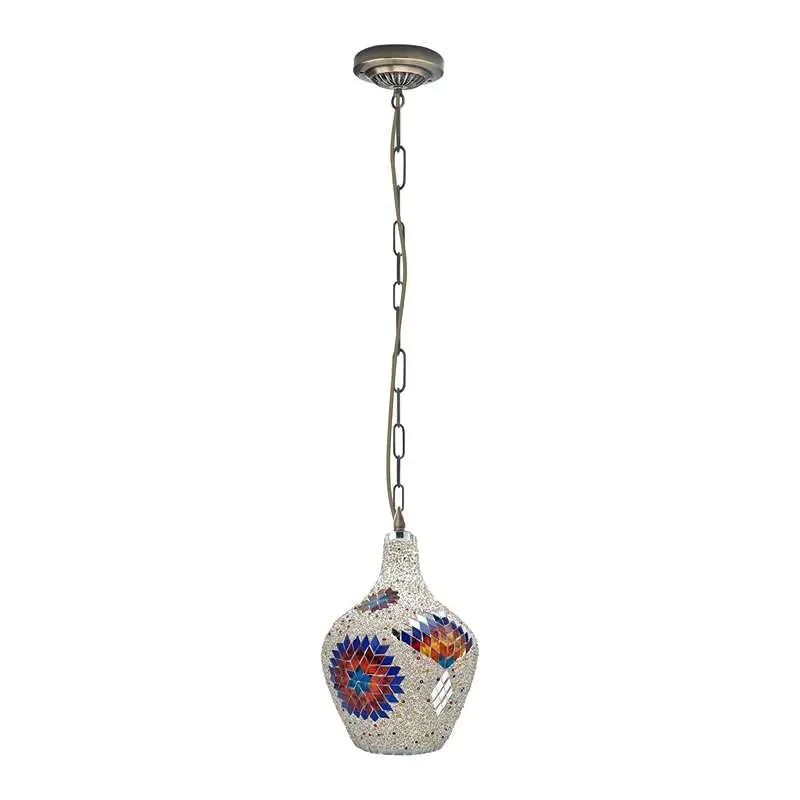 Handmade mosaic pendant lamp with colorful glass tiles and antique brass chain, Moroccan style ceiling light hanging