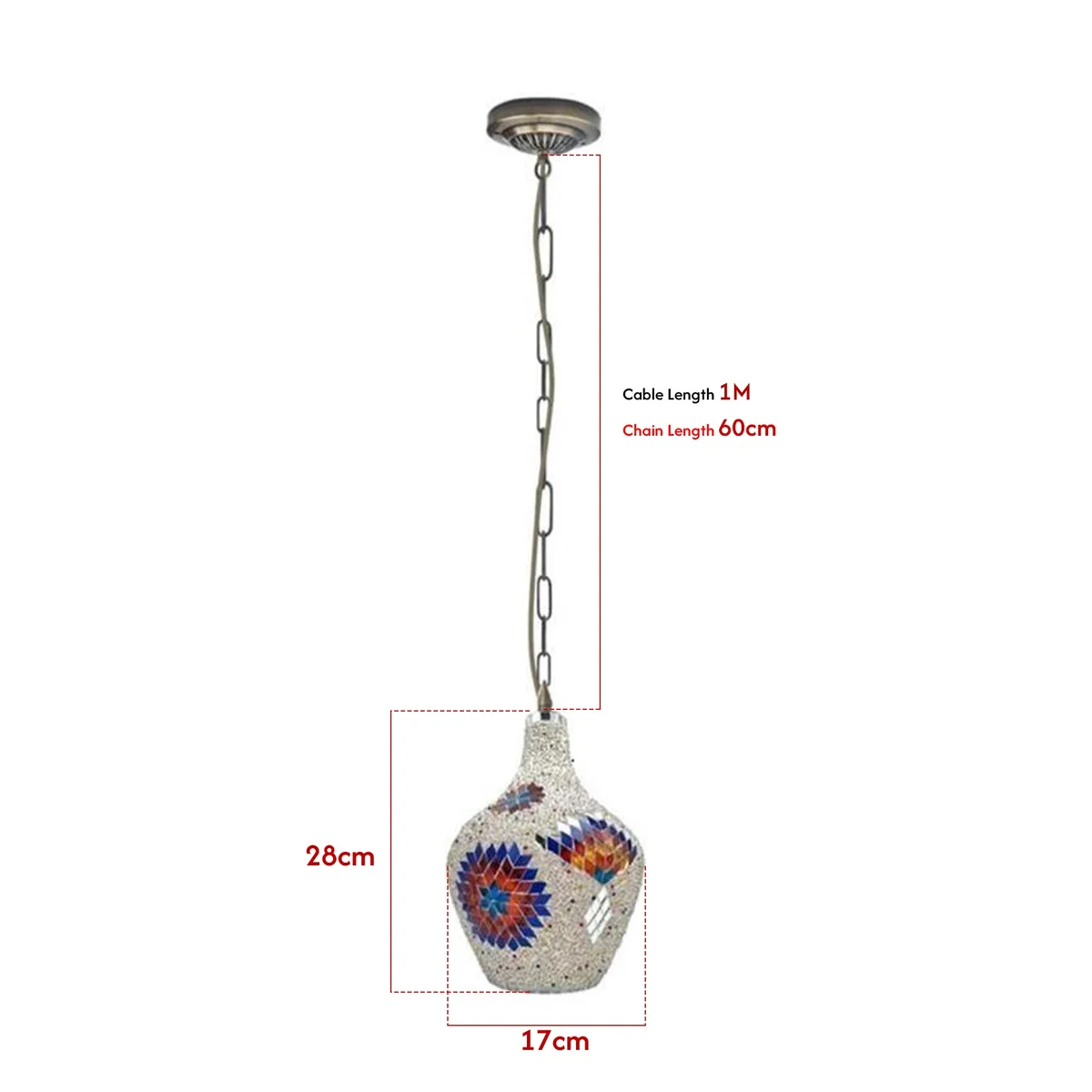 Antique brass hanging light with multicolour mosaic glass shade and metal chain, Moroccan style ceiling pendant lamp