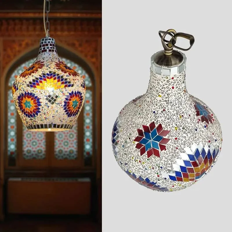 Multicolour mosaic ceiling light with bell-shaped glass shade and antique brass chain hanging from ceiling