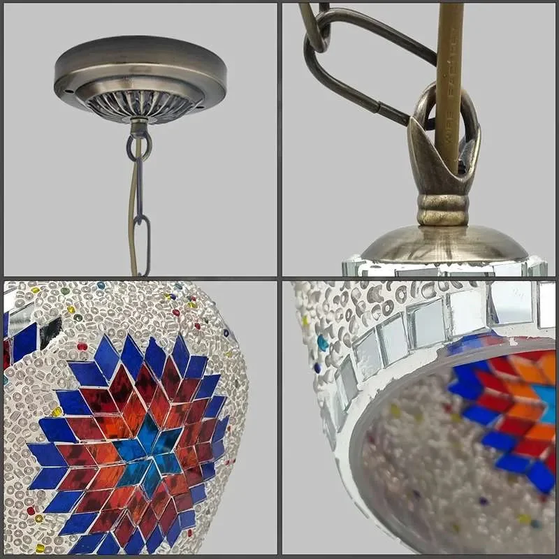 Multicolour mosaic glass bell-shaped E27 base pendant lamp with antique brass chain hanging indoors