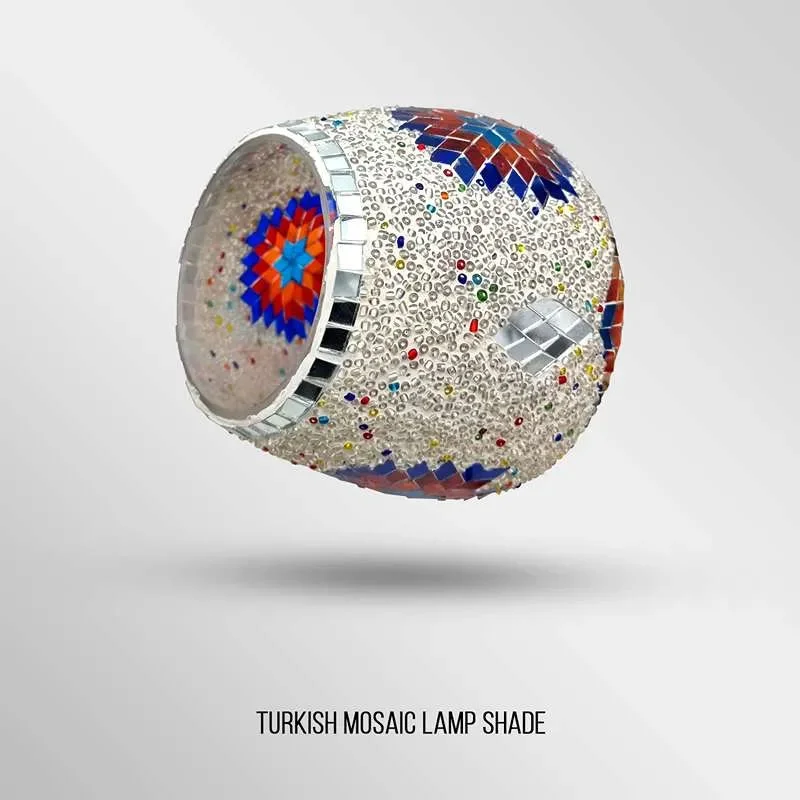Multicolour mosaic glass Moroccan pendant ceiling light with antique brass chain and bell-shaped shade hanging indoors