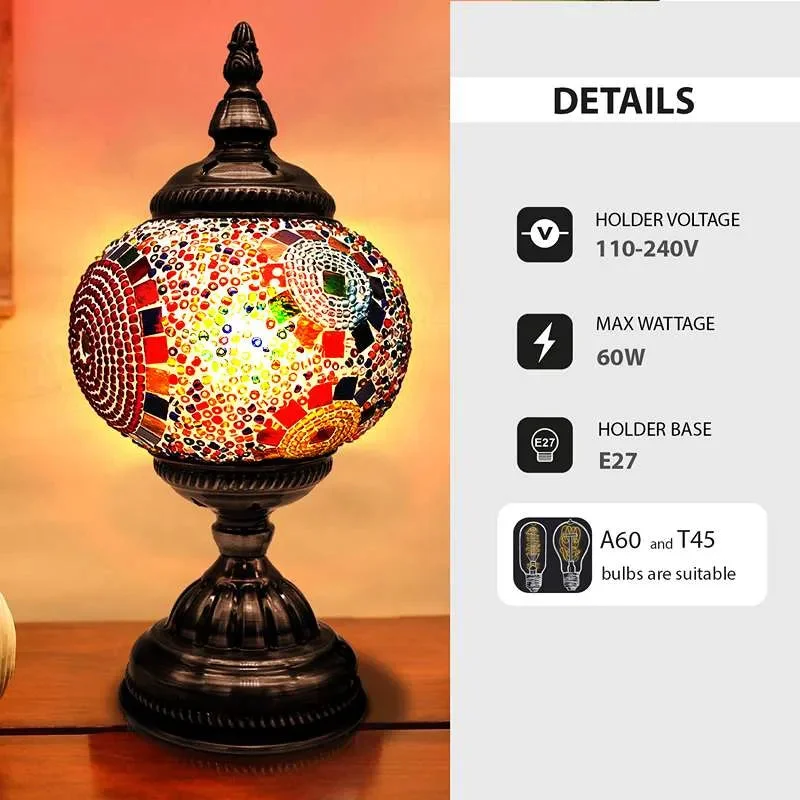 Turkish mosaic glass table lamp with colorful tiles and antique brass lamp base, UK plug and inline switch visible