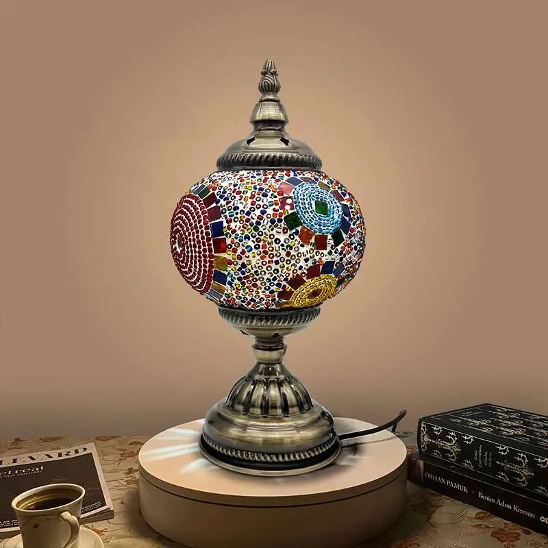 Turkish mosaic glass table lamp with antique brass base, glowing warm light, ideal for boho style lighting in living spaces