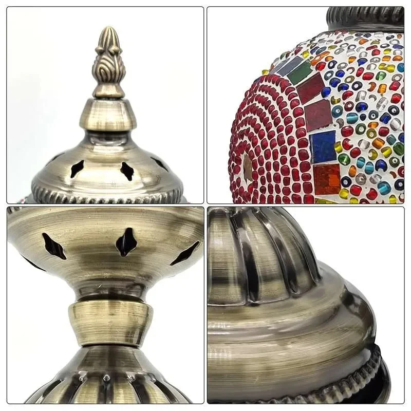 Turkish mosaic table lamp with colorful glass tiles and antique brass base on a wooden side table, lit with warm glow