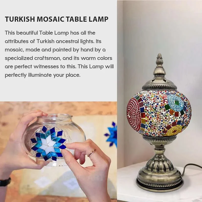 Turkish mosaic table lamp with colorful glass tiles and antique brass base lit on a wooden side table in a cozy room